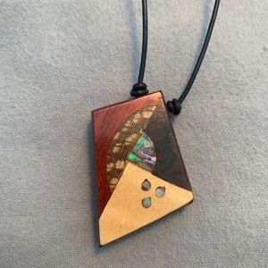 Wooden, Inlay, hand crafted necklace with extendable leather cord